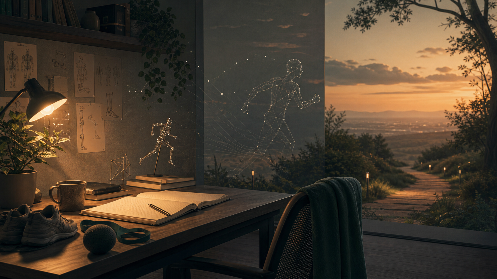 A warm editorial illustration of a quiet writing desk with biomechanics sketches, running shoes, and a softly lit path toward an amber horizon.